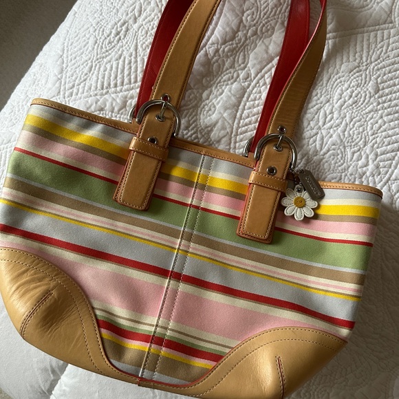 Coach Multicolored Tote Bag W/ Silver Buckles & Red Inside - Picture 13 of 13